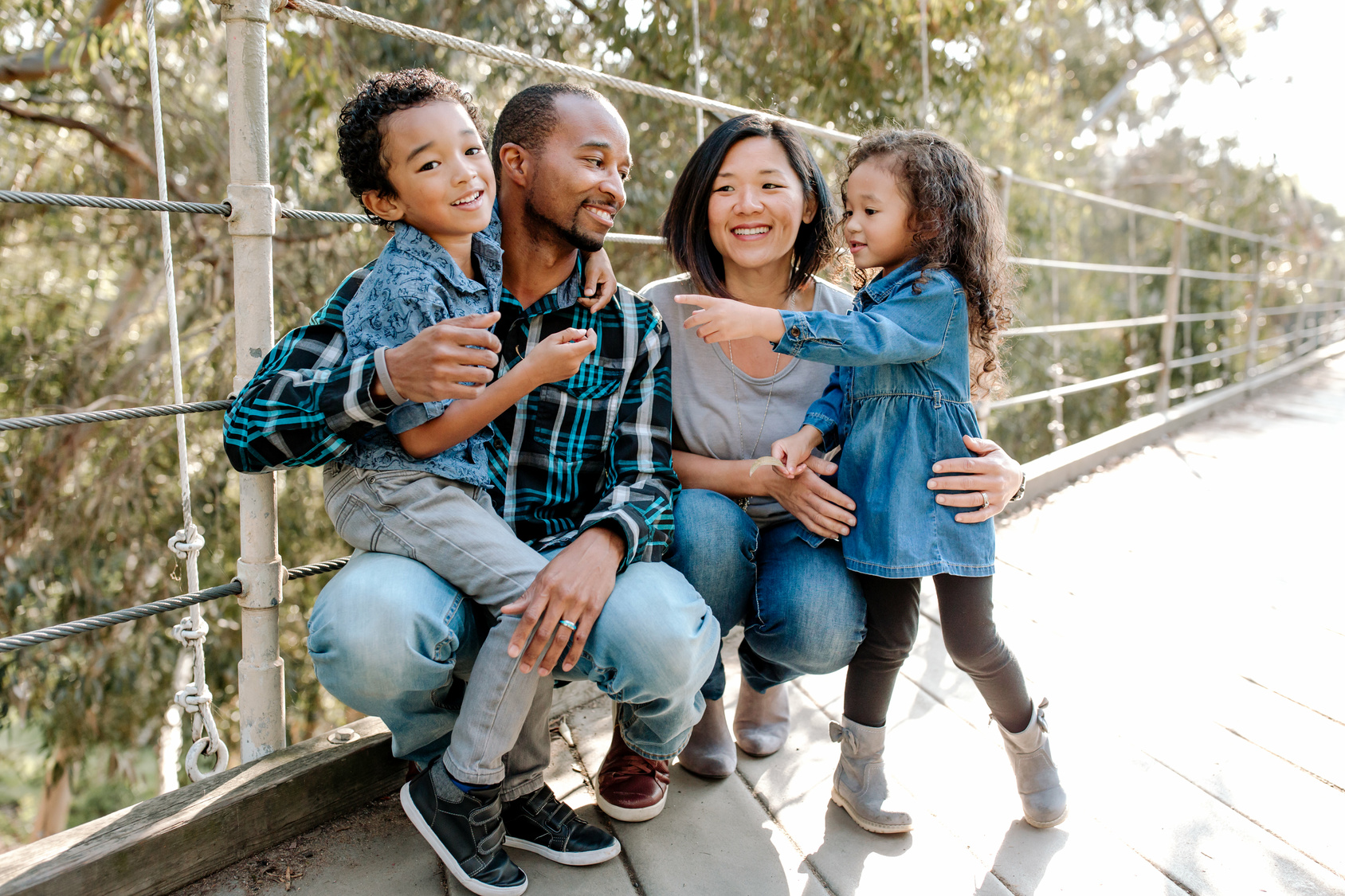 Happy family sitting on pedestrian bridge