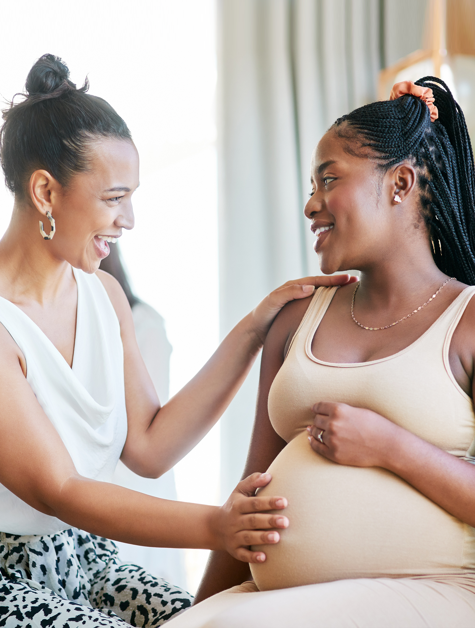 Pregnant, friends and woman touching a stomach, baby shower and excited with happiness, home and support.