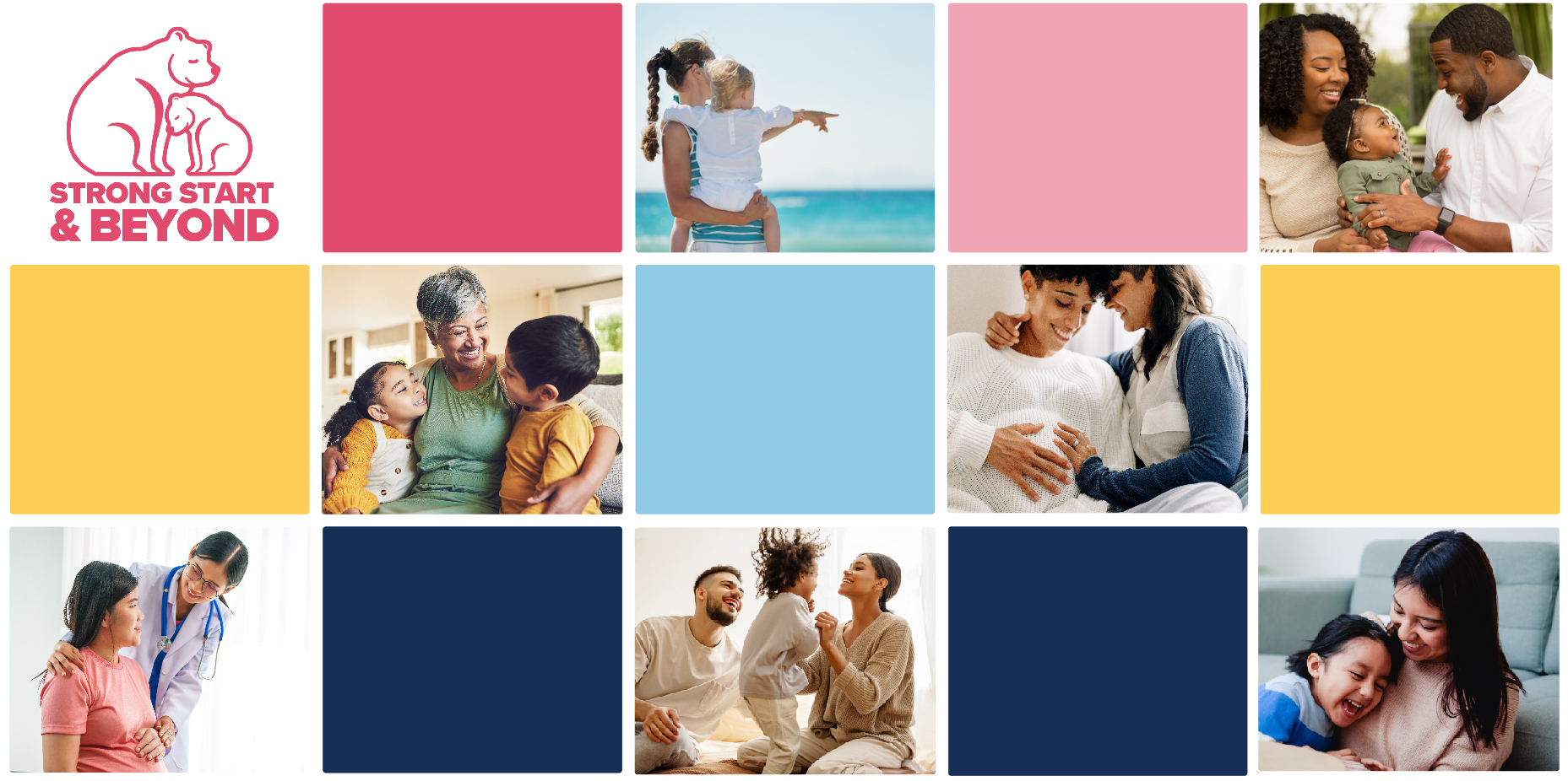 Tiled grid of images of pregnant women, families, babies and spouses.