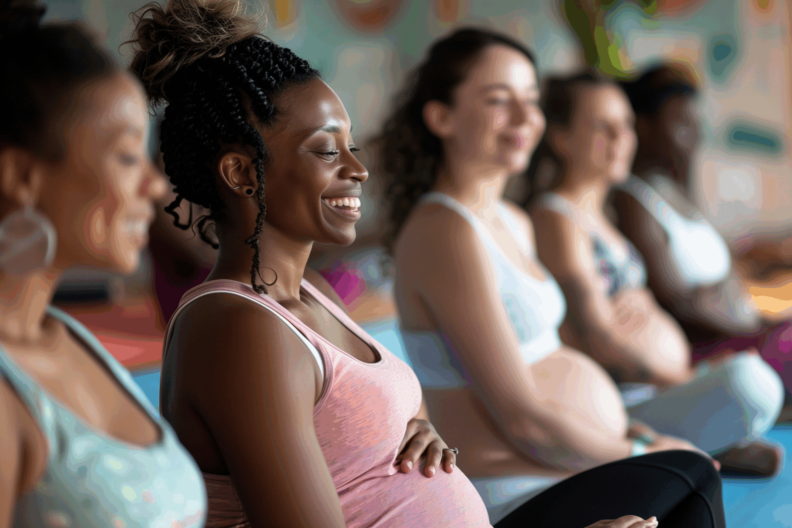 Pregnant women from different cultures wearing sportswear attend a pregnancy yoga class.